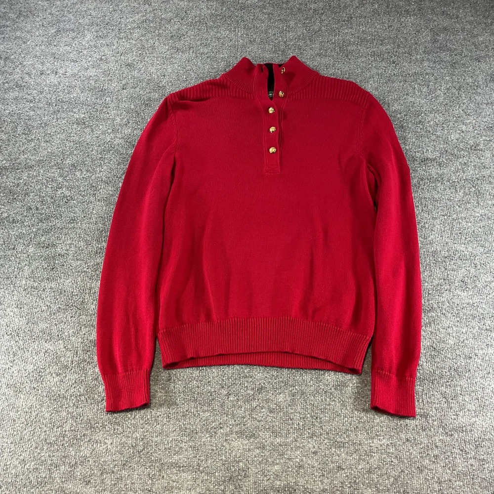 Lauren Ralph Lauren Red Cotton Mock Neck Button Sweater XL Nautical Patch Gold